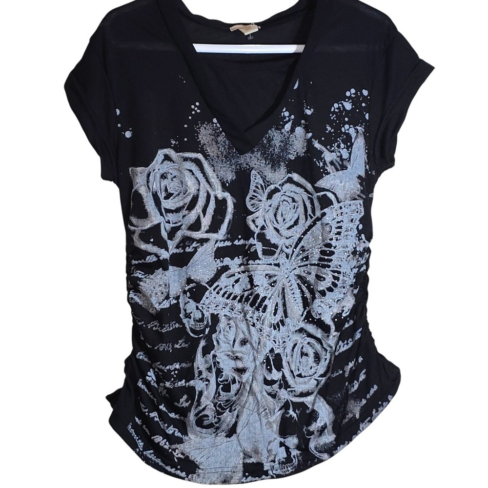 NYC Size Large bedazzled rhinestone Black with White Butterfly Ruching